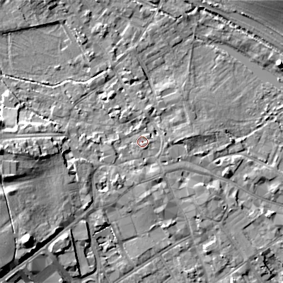 Shaded relief map of the ground around GL72AH, computed from Environment Agency LiDAR. The ground here sits at about 111 m above sea level and falls 16 m across the surrounding 800 m. Surface water reaching this point runs off ground lying to the south-south-east, 1.3 m higher.