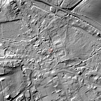 Shaded relief map of the ground around GL72AL, computed from Environment Agency LiDAR. The ground here sits at about 111 m above sea level and falls 16 m across the surrounding 800 m. Surface water reaching this point runs off ground lying to the west-south-west, 0.9 m higher.