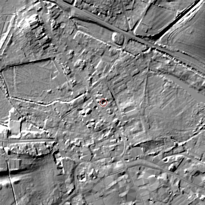 Shaded relief map of the ground around GL72AN, computed from Environment Agency LiDAR. The ground here sits at about 111 m above sea level and falls 15 m across the surrounding 800 m. Surface water reaching this point runs off ground lying to the south-west, 2.4 m higher.