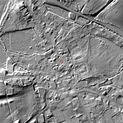 Shaded relief map of the ground around GL72AS, computed from Environment Agency LiDAR. The ground here sits at about 111 m above sea level and falls 16 m across the surrounding 800 m. Surface water reaching this point runs off ground lying to the south, 1.3 m higher.