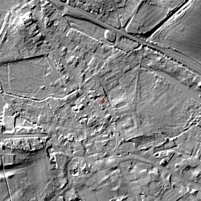 Shaded relief map of the ground around GL72AW, computed from Environment Agency LiDAR. The ground here sits at about 111 m above sea level and falls 15 m across the surrounding 800 m. Surface water reaching this point runs off ground lying to the west-north-west, 1.4 m higher.