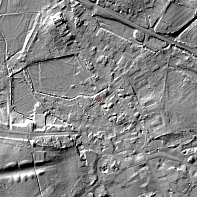 Shaded relief map of the ground around GL72AX, computed from Environment Agency LiDAR. The ground here sits at about 111 m above sea level and falls 13 m across the surrounding 800 m. Surface water reaching this point runs off ground lying to the south-west, 7.3 m higher.