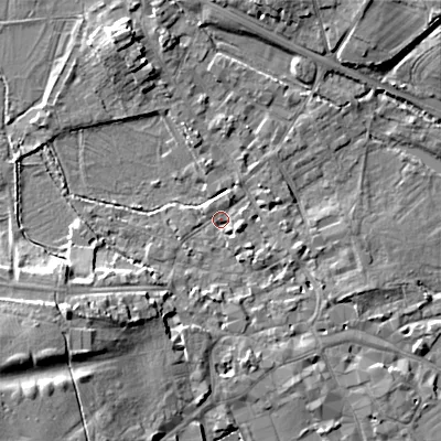 Shaded relief map of the ground around GL72BA, computed from Environment Agency LiDAR. The ground here sits at about 111 m above sea level and falls 13 m across the surrounding 800 m. Surface water reaching this point runs off ground lying to the south-west, 7.3 m higher.