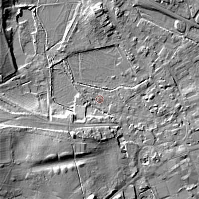 Shaded relief map of the ground around GL72BB, computed from Environment Agency LiDAR. The ground here sits at about 111 m above sea level and falls 15 m across the surrounding 800 m. Surface water reaching this point runs off ground lying to the south-south-west, 8.4 m higher.