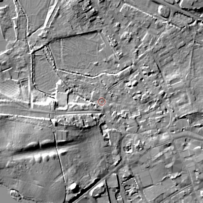 Shaded relief map of the ground around GL72BD, computed from Environment Agency LiDAR. The ground here sits at about 111 m above sea level and falls 16 m across the surrounding 800 m. Surface water reaching this point runs off ground lying to the south-west, 7.0 m higher.
