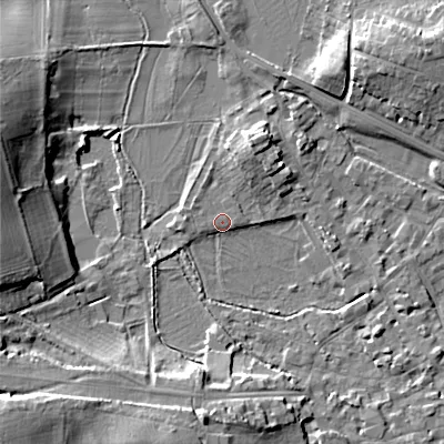 Shaded relief map of the ground around GL72BG, computed from Environment Agency LiDAR. The ground here sits at about 111 m above sea level and falls 16 m across the surrounding 800 m. Surface water reaching this point runs off ground lying to the south-west, 15.8 m higher.