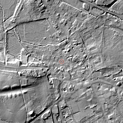 Shaded relief map of the ground around GL72BH, computed from Environment Agency LiDAR. The ground here sits at about 111 m above sea level and falls 16 m across the surrounding 800 m. Surface water reaching this point runs off ground lying to the west-south-west, 7.0 m higher.