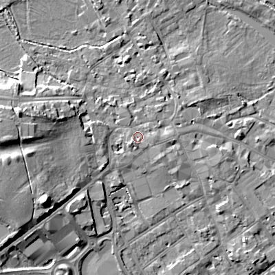 Shaded relief map of the ground around GL72BJ, computed from Environment Agency LiDAR. The ground here sits at about 111 m above sea level and falls 16 m across the surrounding 800 m. Surface water reaching this point runs off ground lying to the south-west, 1.6 m higher.