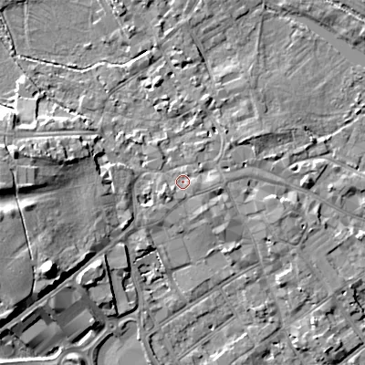 Shaded relief map of the ground around GL72BL, computed from Environment Agency LiDAR. The ground here sits at about 112 m above sea level and falls 16 m across the surrounding 800 m. Surface water reaching this point runs off ground lying to the west-south-west, 1.6 m higher.