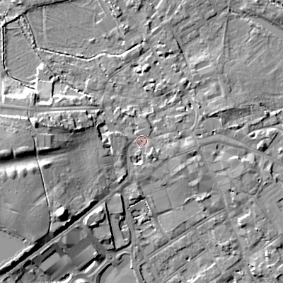 Shaded relief map of the ground around GL72BN, computed from Environment Agency LiDAR. The ground here sits at about 111 m above sea level and falls 16 m across the surrounding 800 m. Surface water reaching this point runs off ground lying to the south-south-west, 2.8 m higher.
