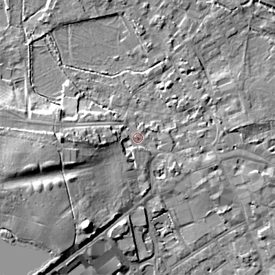 Shaded relief map of the ground around GL72BP, computed from Environment Agency LiDAR. The ground here sits at about 111 m above sea level and falls 16 m across the surrounding 800 m. Surface water reaching this point runs off ground lying to the west, 7.0 m higher.