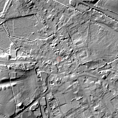 Shaded relief map of the ground around GL72BQ, computed from Environment Agency LiDAR. The ground here sits at about 111 m above sea level and falls 16 m across the surrounding 800 m. Surface water reaching this point runs off ground lying to the north-north-east, 1.5 m higher.