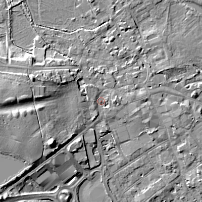 Shaded relief map of the ground around GL72BS, computed from Environment Agency LiDAR. The ground here sits at about 111 m above sea level and falls 16 m across the surrounding 800 m. Surface water reaching this point runs off ground lying to the south-south-west, 2.8 m higher.