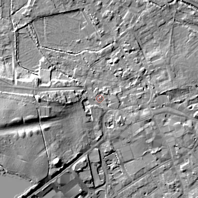 Shaded relief map of the ground around GL72BX, computed from Environment Agency LiDAR. The ground here sits at about 111 m above sea level and falls 16 m across the surrounding 800 m. Surface water reaching this point runs off ground lying to the west, 4.0 m higher.
