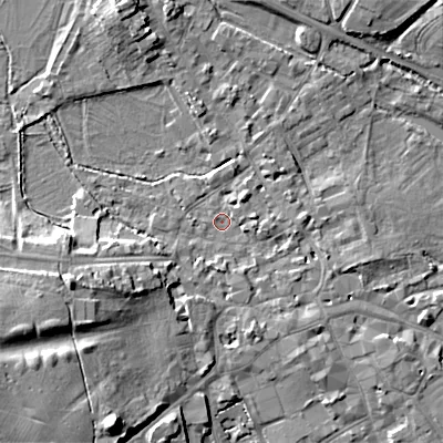 Shaded relief map of the ground around GL72BY, computed from Environment Agency LiDAR. The ground here sits at about 110 m above sea level and falls 16 m across the surrounding 800 m. Surface water reaching this point runs off ground lying to the south-west, 7.0 m higher.