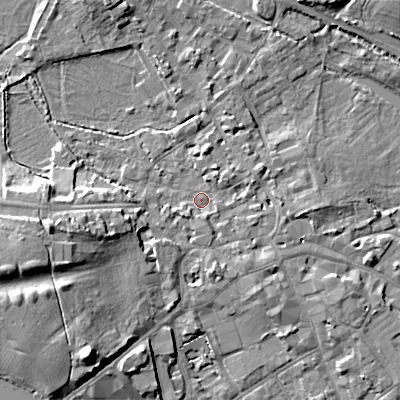 Shaded relief map of the ground around GL72BZ, computed from Environment Agency LiDAR. The ground here sits at about 111 m above sea level and falls 16 m across the surrounding 800 m. Surface water reaching this point runs off ground lying to the north-east, 1.5 m higher.