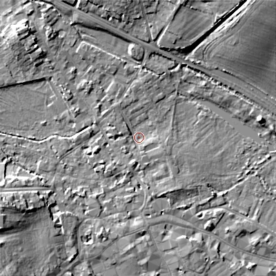 Shaded relief map of the ground around GL72DA, computed from Environment Agency LiDAR. The ground here sits at about 109 m above sea level and falls 17 m across the surrounding 800 m. Surface water reaching this point runs off ground lying to the south, 2.8 m higher.