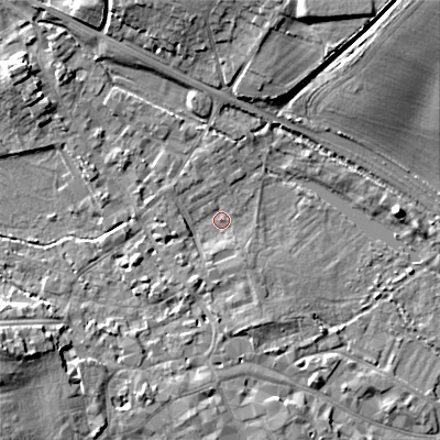 Shaded relief map of the ground around GL72DB, computed from Environment Agency LiDAR. The ground here sits at about 110 m above sea level and falls 19 m across the surrounding 800 m. Surface water reaching this point runs off ground lying to the north-north-west, 8.1 m higher.