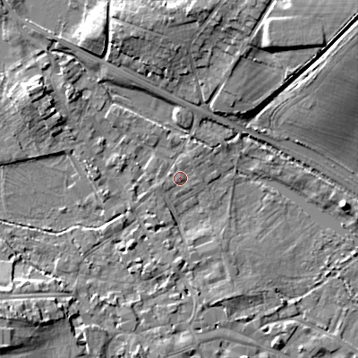 Shaded relief map of the ground around GL72DD, computed from Environment Agency LiDAR. The ground here sits at about 110 m above sea level and falls 19 m across the surrounding 800 m. Surface water reaching this point runs off ground lying to the north-north-west, 7.6 m higher.