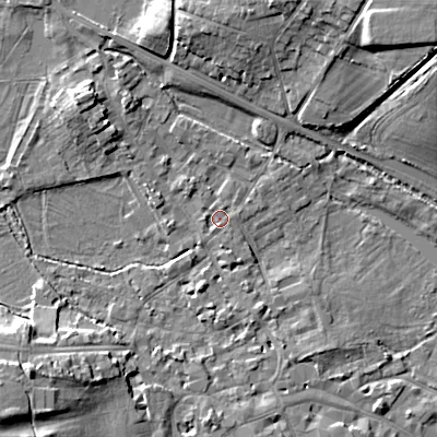 Shaded relief map of the ground around GL72DE, computed from Environment Agency LiDAR. The ground here sits at about 110 m above sea level and falls 17 m across the surrounding 800 m. Surface water reaching this point runs off ground lying to the west, 0.9 m higher.