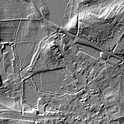 Shaded relief map of the ground around GL72DF, computed from Environment Agency LiDAR. The ground here sits at about 111 m above sea level and falls 13 m across the surrounding 800 m. Surface water reaching this point runs off ground lying to the west-north-west, 1.9 m higher.