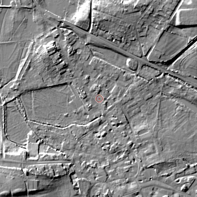 Shaded relief map of the ground around GL72DG, computed from Environment Agency LiDAR. The ground here sits at about 110 m above sea level and falls 16 m across the surrounding 800 m. Surface water reaching this point runs off ground lying to the south-west, 11.9 m higher.