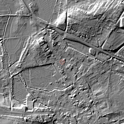 Shaded relief map of the ground around GL72DH, computed from Environment Agency LiDAR. The ground here sits at about 111 m above sea level and falls 15 m across the surrounding 800 m. Surface water reaching this point runs off ground lying to the north-west, 5.6 m higher.