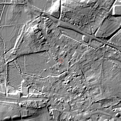 Shaded relief map of the ground around GL72DJ, computed from Environment Agency LiDAR. The ground here sits at about 111 m above sea level and falls 15 m across the surrounding 800 m. Surface water reaching this point runs off ground lying to the south-west, 11.9 m higher.