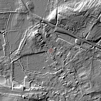 Shaded relief map of the ground around GL72DL, computed from Environment Agency LiDAR. The ground here sits at about 111 m above sea level and falls 14 m across the surrounding 800 m. Surface water reaching this point runs off ground lying to the north-west, 5.1 m higher.