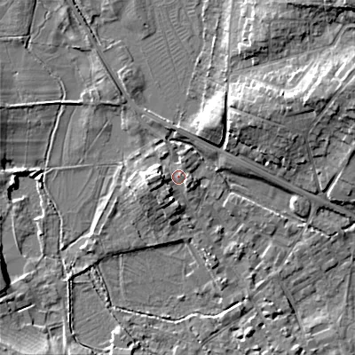 Shaded relief map of the ground around GL72DR, computed from Environment Agency LiDAR. The ground here sits at about 112 m above sea level and falls 14 m across the surrounding 800 m. Surface water reaching this point runs off ground lying to the west-south-west, 3.9 m higher.