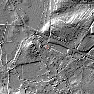 Shaded relief map of the ground around GL72DS, computed from Environment Agency LiDAR. The ground here sits at about 111 m above sea level and falls 15 m across the surrounding 800 m. Surface water reaching this point runs off ground lying to the north-north-east, 6.9 m higher.
