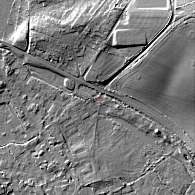 Shaded relief map of the ground around GL72DU, computed from Environment Agency LiDAR. The ground here sits at about 110 m above sea level and falls 23 m across the surrounding 800 m. Surface water reaching this point runs off ground lying to the north-north-east, 14.9 m higher.