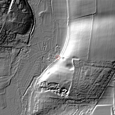 Shaded relief map of the ground around GL72EA, computed from Environment Agency LiDAR. The ground here sits at about 114 m above sea level and falls 28 m across the surrounding 800 m. Surface water reaching this point runs off ground lying to the east-north-east, 21.9 m higher.