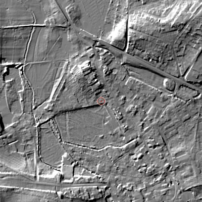 Shaded relief map of the ground around GL72EB, computed from Environment Agency LiDAR. The ground here sits at about 111 m above sea level and falls 13 m across the surrounding 800 m. Surface water reaching this point runs off ground lying to the north-north-west, 5.7 m higher.