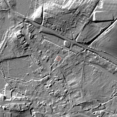 Shaded relief map of the ground around GL72ED, computed from Environment Agency LiDAR. The ground here sits at about 111 m above sea level and falls 19 m across the surrounding 800 m. Surface water reaching this point runs off ground lying to the south-west, 1.3 m higher.