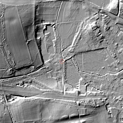Shaded relief map of the ground around GL72EE, computed from Environment Agency LiDAR. The ground here sits at about 111 m above sea level and falls 20 m across the surrounding 800 m. Surface water reaching this point runs off ground lying to the west-north-west, 18.9 m higher.