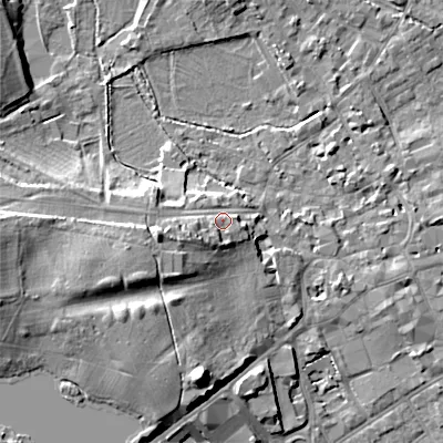 Shaded relief map of the ground around GL72EF, computed from Environment Agency LiDAR. The ground here sits at about 115 m above sea level and falls 15 m across the surrounding 800 m. Surface water reaching this point runs off ground lying to the west-south-west, 4.5 m higher.
