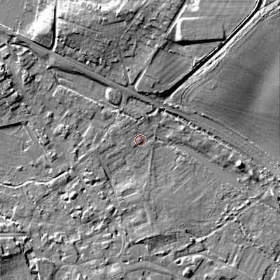 Shaded relief map of the ground around GL72EG, computed from Environment Agency LiDAR. The ground here sits at about 110 m above sea level and falls 23 m across the surrounding 800 m. Surface water reaching this point runs off ground lying to the west-north-west, 1.7 m higher.