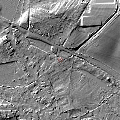 Shaded relief map of the ground around GL72EH, computed from Environment Agency LiDAR. The ground here sits at about 111 m above sea level and falls 21 m across the surrounding 800 m. Surface water reaching this point runs off ground lying to the north-west, 1.1 m higher.