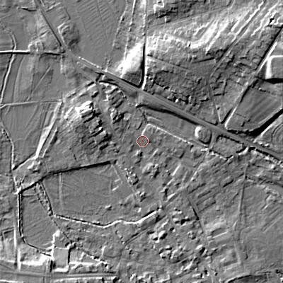 Shaded relief map of the ground around GL72EJ, computed from Environment Agency LiDAR. The ground here sits at about 111 m above sea level and falls 15 m across the surrounding 800 m. Surface water reaching this point runs off ground lying to the north-north-east, 6.9 m higher.