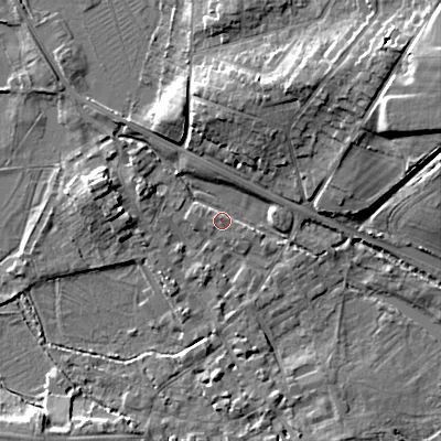 Shaded relief map of the ground around GL72EL, computed from Environment Agency LiDAR. The ground here sits at about 111 m above sea level and falls 17 m across the surrounding 800 m. Surface water reaching this point runs off ground lying to the west-north-west, 0.6 m higher.