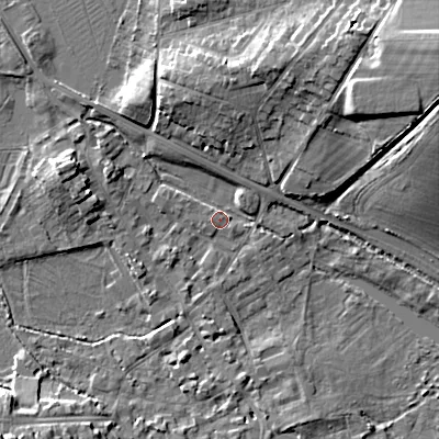 Shaded relief map of the ground around GL72EN, computed from Environment Agency LiDAR. The ground here sits at about 111 m above sea level and falls 19 m across the surrounding 800 m. Surface water reaching this point runs off ground lying to the west, 1.9 m higher.