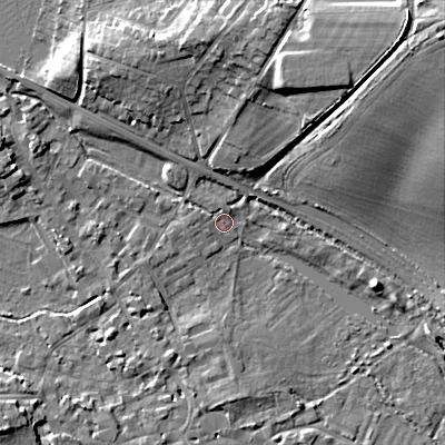 Shaded relief map of the ground around GL72EQ, computed from Environment Agency LiDAR. The ground here sits at about 110 m above sea level and falls 23 m across the surrounding 800 m. Surface water reaching this point runs off ground lying to the west-north-west, 1.5 m higher.