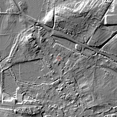 Shaded relief map of the ground around GL72HJ, computed from Environment Agency LiDAR. The ground here sits at about 111 m above sea level and falls 16 m across the surrounding 800 m. Surface water reaching this point runs off ground lying to the north-west, 1.4 m higher.
