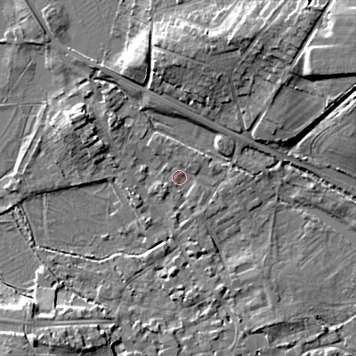 Shaded relief map of the ground around GL72HL, computed from Environment Agency LiDAR. The ground here sits at about 110 m above sea level and falls 17 m across the surrounding 800 m. Surface water reaching this point runs off ground lying to the west-north-west, 1.8 m higher.
