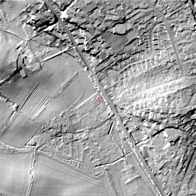 Shaded relief map of the ground around GL72LD, computed from Environment Agency LiDAR. The ground here sits at about 116 m above sea level and falls 30 m across the surrounding 800 m. Surface water reaching this point runs off ground lying to the north-north-west, 18.9 m higher.