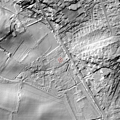 Shaded relief map of the ground around GL72LE, computed from Environment Agency LiDAR. The ground here sits at about 116 m above sea level and falls 28 m across the surrounding 800 m. Surface water reaching this point runs off ground lying to the north-north-west, 15.5 m higher.