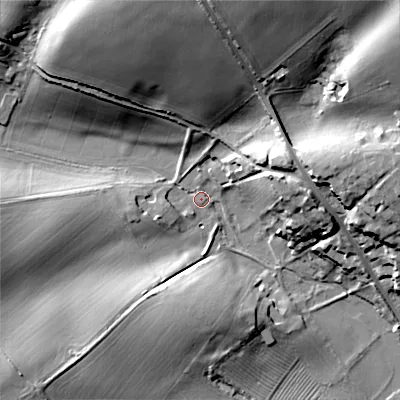 Shaded relief map of the ground around GL72LR, computed from Environment Agency LiDAR. The ground here sits at about 119 m above sea level and falls 34 m across the surrounding 800 m. Surface water reaching this point runs off ground lying to the north-north-east, 30.8 m higher.