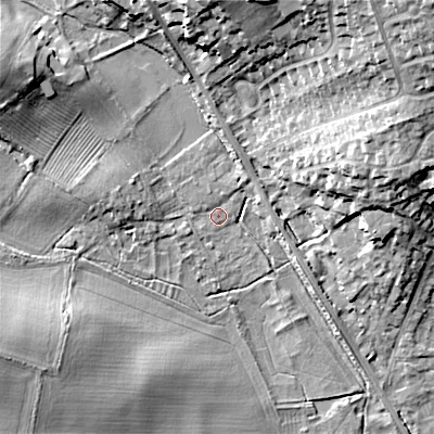 Shaded relief map of the ground around GL72LT, computed from Environment Agency LiDAR. The ground here sits at about 115 m above sea level and falls 26 m across the surrounding 800 m. Surface water reaching this point runs off ground lying to the north-west, 12.5 m higher.