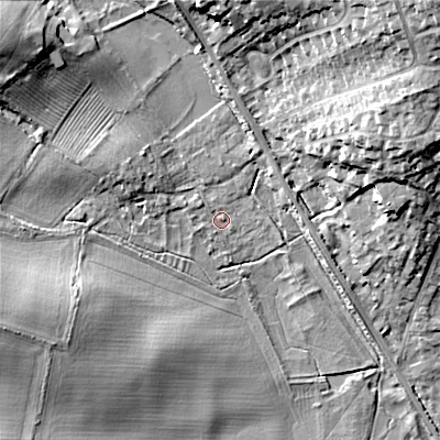 Shaded relief map of the ground around GL72LU, computed from Environment Agency LiDAR. The ground here sits at about 115 m above sea level and falls 24 m across the surrounding 800 m. Surface water reaching this point runs off ground lying to the west-north-west, 1.6 m higher.